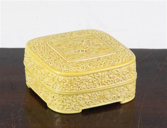 A Chinese moulded and yellow glazed box and cover, Qianlong mark, probably Republic period, 6.7cm